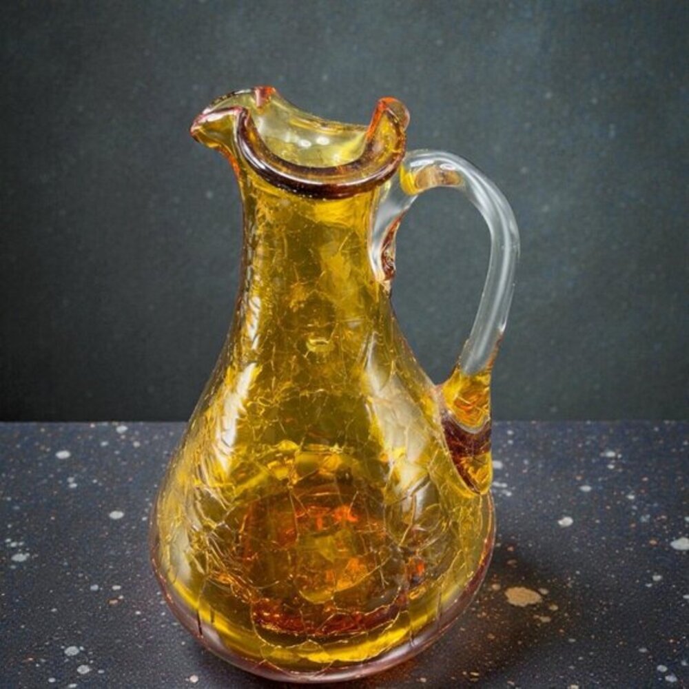 Vintage Crackled Glass Small Pitcher Creamer Jug Hand Blown Glass W Clear Handle